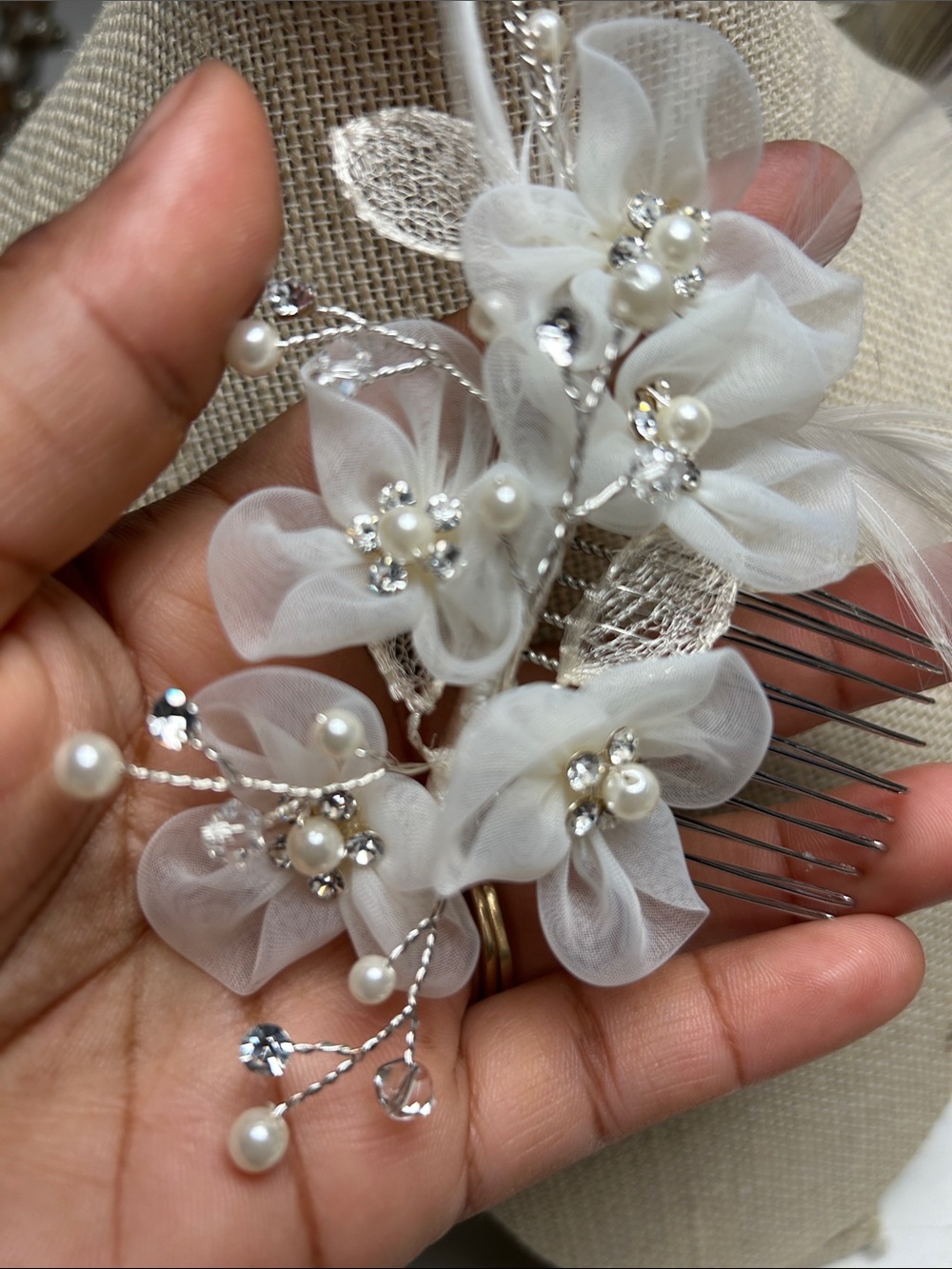 Bridal Floral Hair Comb - White with Pearls and Crystals